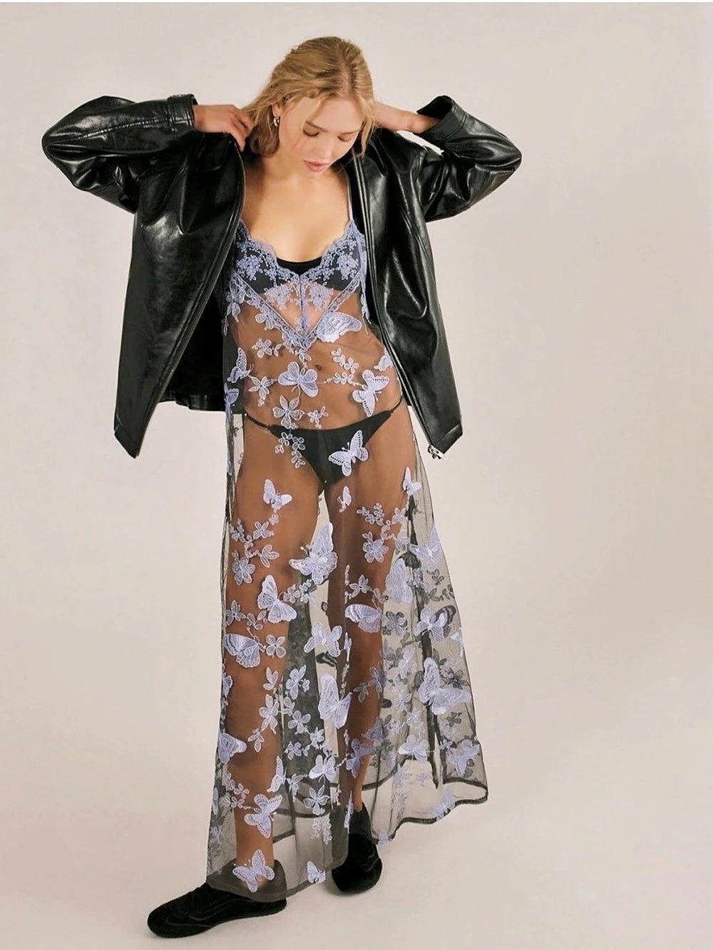 Free People Bali Told You So Maxi Slip Dress in Black & Blue Size Medium NWT